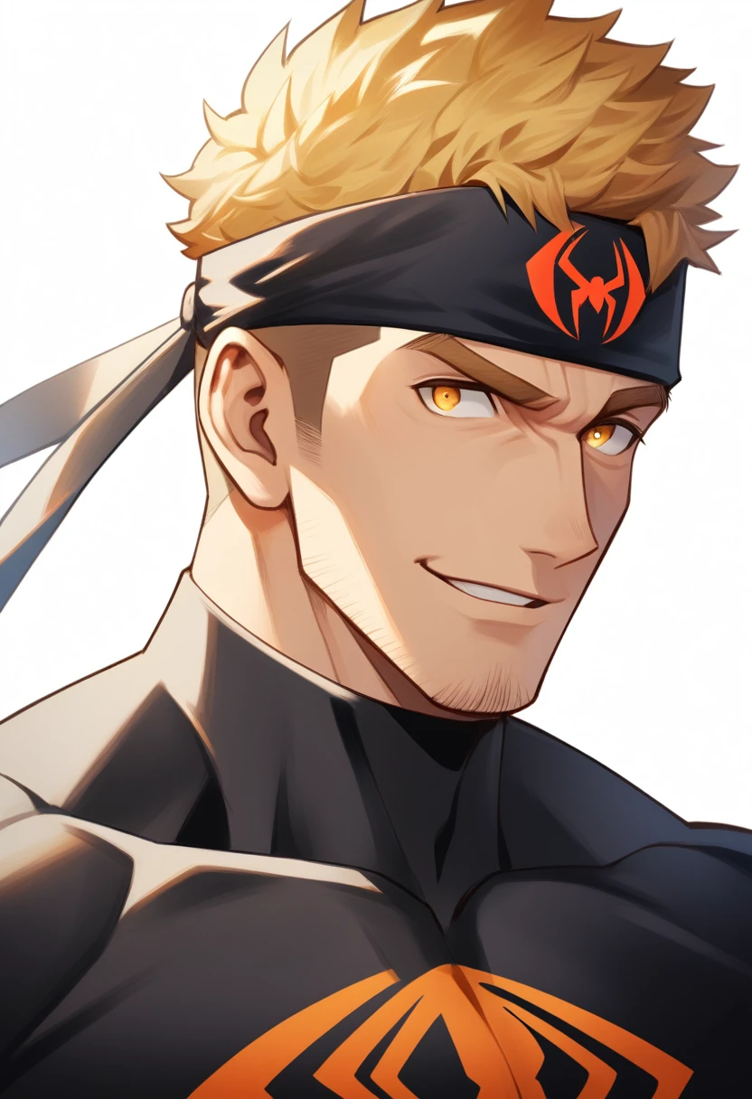 anime characters:Gyee, 1 young muscular man, male focus, sports Black headband, Black Spiderman Turtleneck Bodysuit, Spider-Man logo, muscular male, Round, firm and full chest muscles, only, Upper body, alone, Yellow short hair, stubble, Yellow eyes, Wink, White background, simple background, amazing quality, best aesthetics, Ridiculous, bright pupils, crew cut, naughty face, torogao, parted lips, best quality