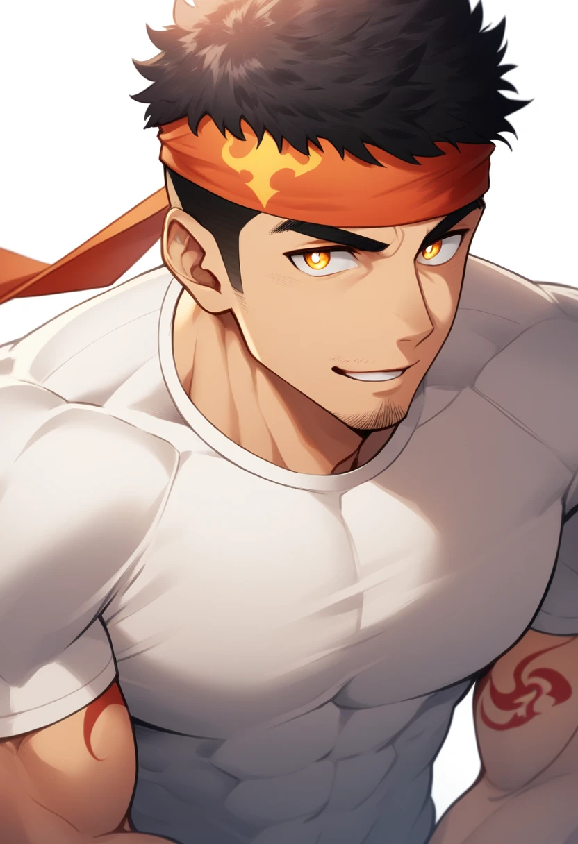 anime characters:Gyee, 1 young muscular man, male focus, Flame tattoo, sports Red headband, Creamy white spandex tight T-shirt, muscular male, muscular, only, Upper body, alone, Black short hair, stubble, Yellow eyes, White background, simple background, amazing quality, best aesthetics, Ridiculous, bright pupils, crew cut, naughty face, torogao, parted lips, best quality