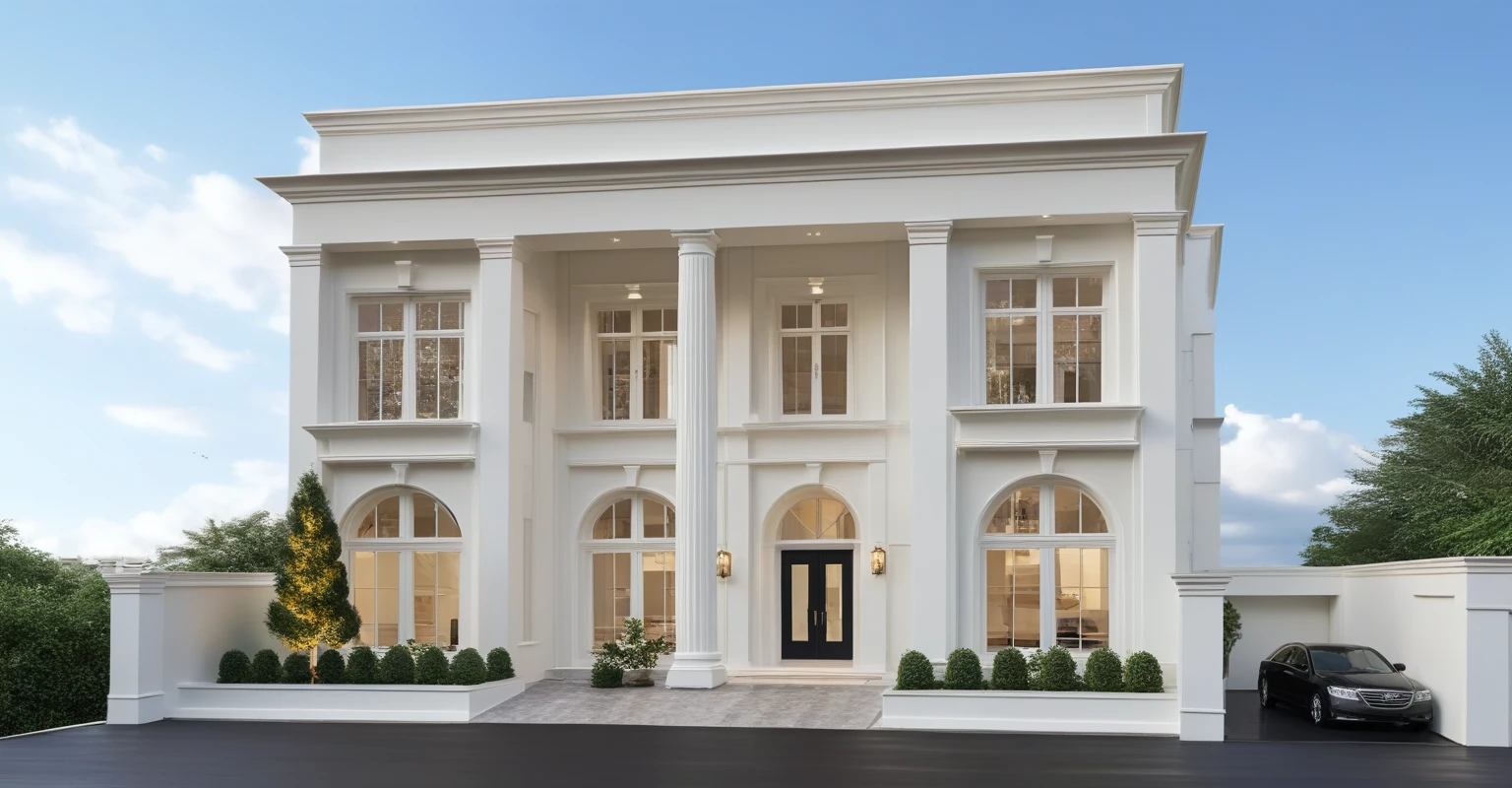 Architectural style Architectural style, ((Classic Style House)),(masterpiece) , ((best quality)), dramatic lighting, high quality outdoors, sky, day, cloud, tree, blue sky, building, scenery, road, real world location, sunlight, enough detail, high resolution,super realistic, Photorealistic, highly detailed, balcony, plants, door, car, truck, parking slot, paving, . Clean lines, architectural drawing, highly detailed , . Clean lines, geometric shapes, minimalist, modern, architectural drawing, highly detailed