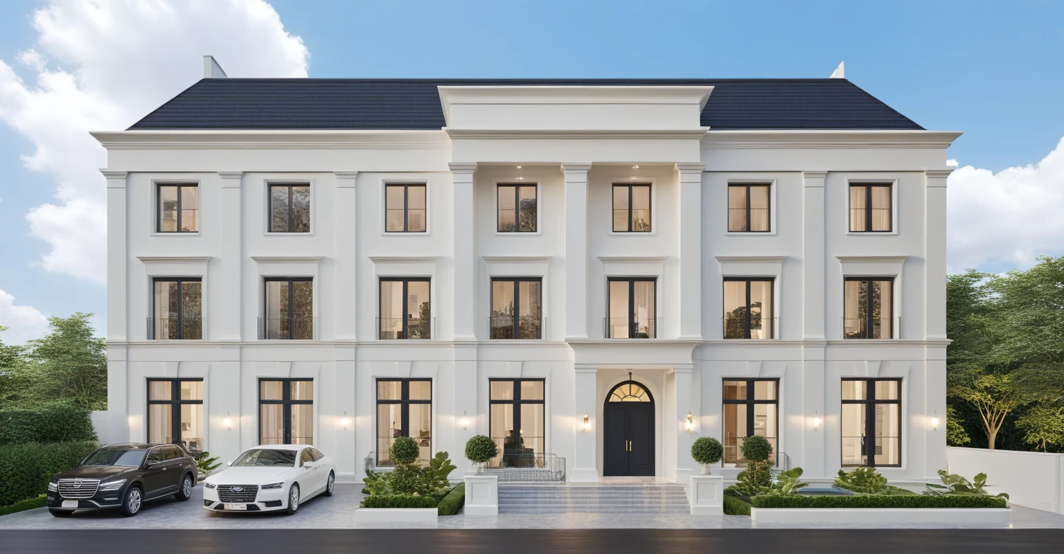 Architectural style Architectural style,  ((Classic Style House)),(masterpiece) , ((best quality)), dramatic lighting, high quality outdoors, sky, day, cloud, tree, blue sky, building, scenery, road, real world location,  sunlight, enough detail, high resolution,super realistic, Photorealistic, highly detailed, balcony, plants, door, car, truck, parking slot, paving, . Clean lines, architectural drawing, highly detailed  , . Clean lines, geometric shapes, minimalist, modern, architectural drawing, highly detailed
