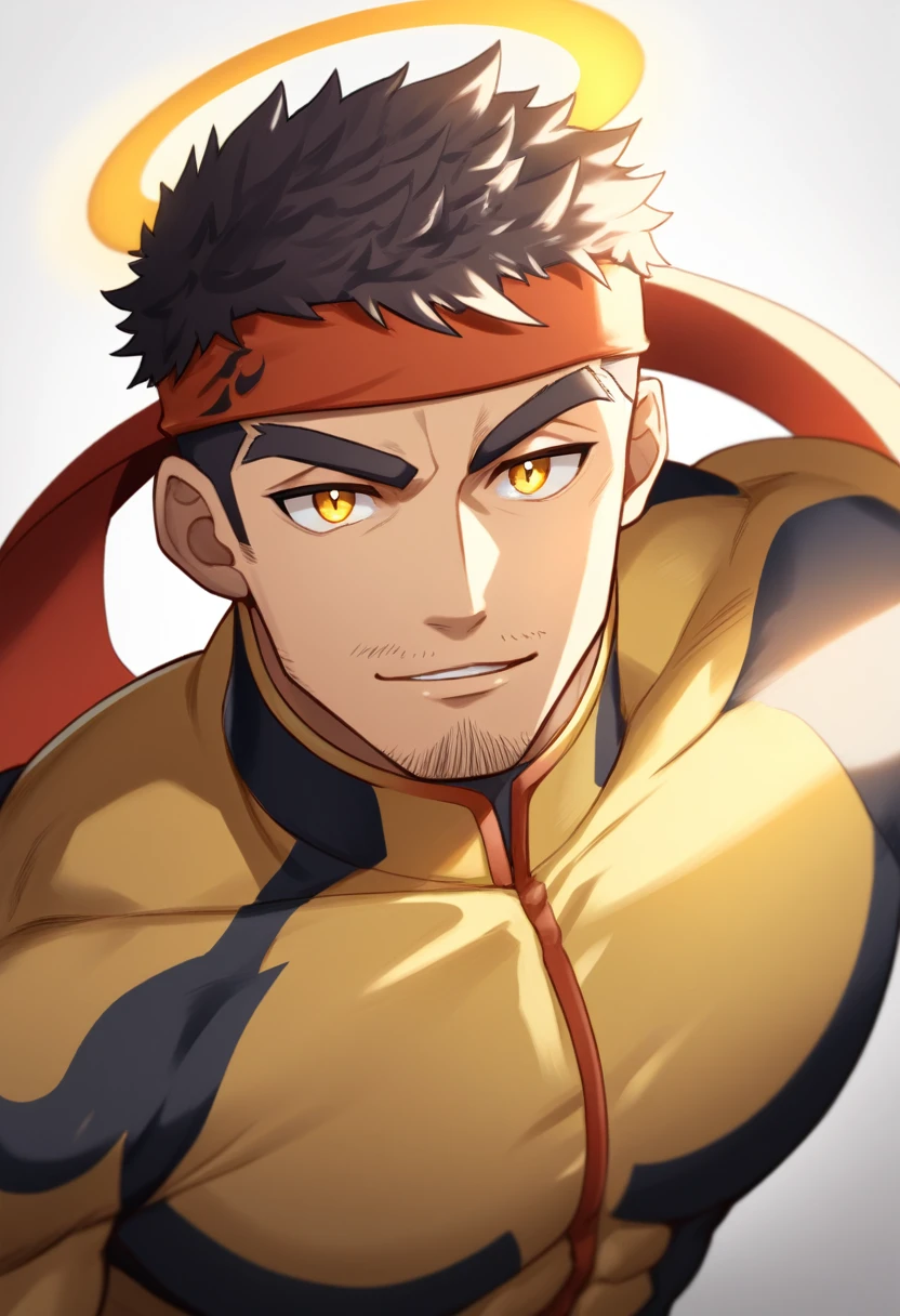anime characters：Gyee, 1 young muscular man, male focus, Flame tattoo, sports Red headband, Dark yellow high collar long sleeve tights, Very tight, muscular male, muscular, Round, firm and full chest muscles, only, Upper body, alone, Black short hair, Thick eyebrows, stubble, Yellow eyes, White background, simple background, amazing quality, best aesthetics, Ridiculous, bright pupils, crew cut, naughty face, torogao, parted lips, halo, god rays, best quality