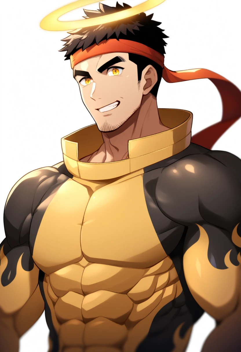 anime characters：Gyee, 1 young muscular man, male focus, Flame tattoo, sports Red headband, Dark yellow high collar long sleeve tights, Very tight, muscular male, muscular, Round, firm and full chest muscles, only, Upper body, alone, Black short hair, Thick eyebrows, stubble, Yellow eyes, White background, simple background, amazing quality, best aesthetics, Ridiculous, bright pupils, crew cut, naughty face, torogao, parted lips, halo, god rays, best quality