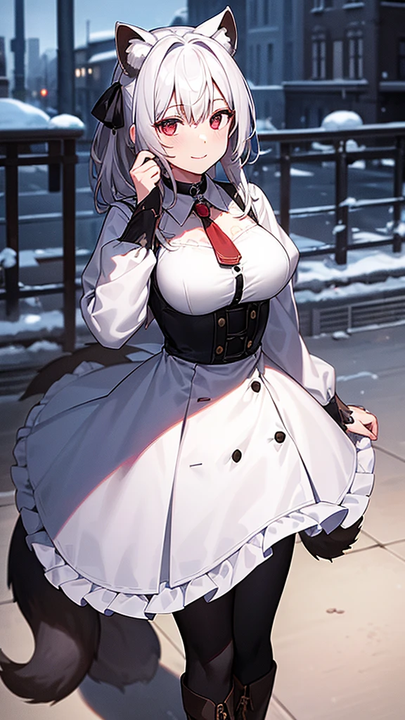(work of art, best qualityer), 2d, 1 girl, medium sized breast, details Intricate, White hair, shorth hair, eyes black, gazing at viewer, Black raccoon ears, raccoon tail, hair ribbon, hand on own face, Red shirt, black pants, cowboy shot, black trim, Black boots, standing, ssmile, gazing at viewer, gaping mouth, ever forward, city background, choker, snowy background