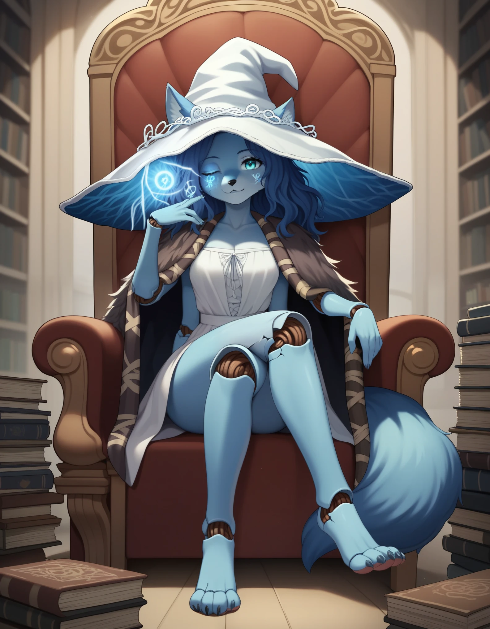 Score_9, score_8_up, score_7_up, , 1girl, solo, kemono style, ranni the witch from Elden Ring, one eye closed, magic symbol on closed eye, (she’s an Anthro furry blue fox girl, fox snout):1.4, black nose, wavy hair, cracked skin, colored skin, blue furry body, feet paws, 4 toes, extra arms, four arms, doll joints, dress, hat, cloak, sitting on a fancy throne, in a library, legs crossed, front view