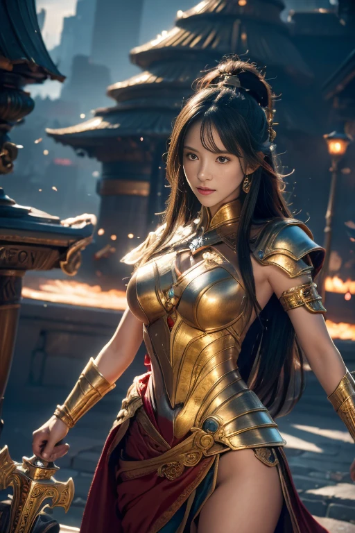 young lady knight, representative of justice with scales in one hand and a sword in the other . powerful aura, unleashing a slash, dynamic pose, glowing energy, intense expression, detailed armor, fantasy setting, battle scene, vibrant colors, magic, flowing hair, epic, fierce, shining sword, action, dramatic lighting, high contrast, sparks, mystical, warrior, heroic, ethereal, enchanted, strong, determined, anime style, intricate design, motion blur, radiant, fierce battle, medieval fantasy, power, dramatic, swirling energy