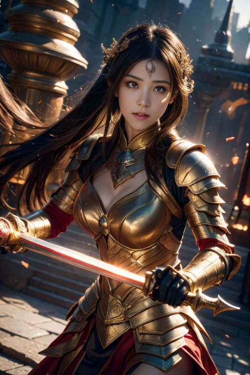 young lady knight, representative of justice with scales in one hand and a sword in the other . powerful aura, unleashing a slash, dynamic pose, glowing energy, intense expression, detailed armor, fantasy setting, battle scene, vibrant colors, magic, flowing hair, epic, fierce, shining sword, action, dramatic lighting, high contrast, sparks, mystical, warrior, heroic, ethereal, enchanted, strong, determined, anime style, intricate design, motion blur, radiant, fierce battle, medieval fantasy, power, dramatic, swirling energy