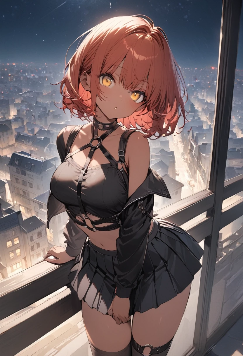 table top, highest quality,figure, wallpaper, Super detailed, absurd, 1 girl, alone, ( short red hair, tan skin, yellow eyes), detailed and beautiful eyes , (street:1.3), hair blowing in the wind,(panoramic view:1.3),(sense of depth:1.5),(long shot:1.3) girl standing on balcony looking at the city at night, wearing open sexy clothes, black skirt, Black stockings, long sleeves, chest harness, black shirt, crop top, skirt, Shoes, O-Ring, midriff, off shoulder, medium breasts, thigh strap, pleated skirt (skirt blowing in the wind) looking up at the sky, ignoring camera