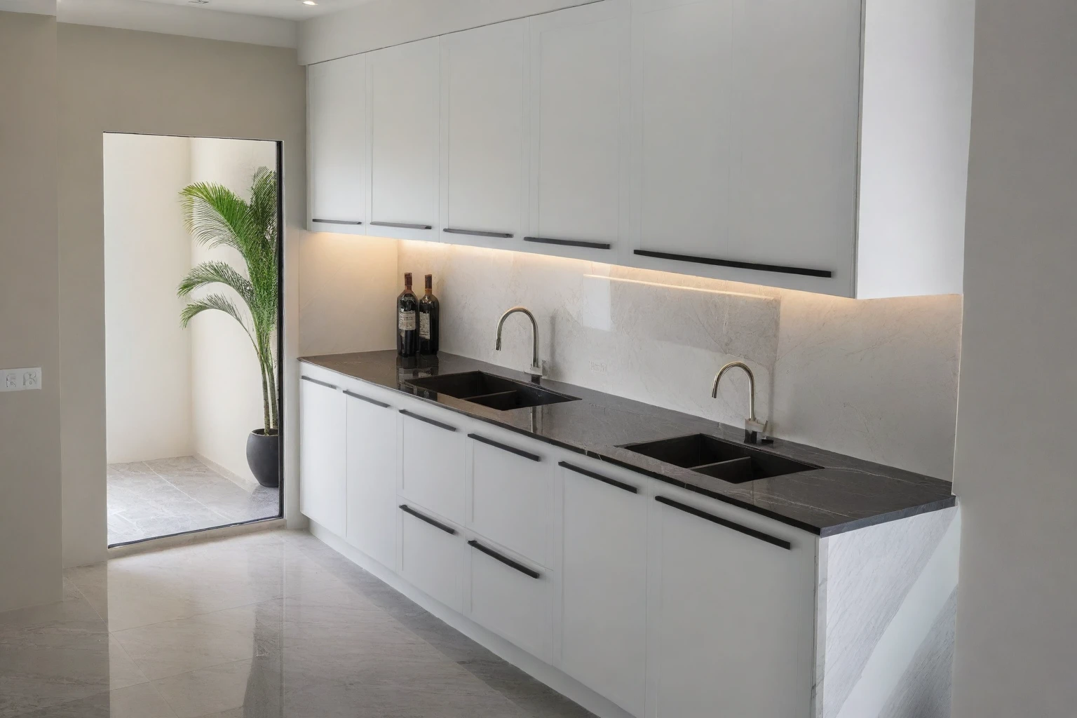 Raw photo,Masterpiece, high quality, best quality, authentic, super detail,
indoors, interior , ((kitchen and dining :1.3)), modern style, daylight, (WHITE WALL),luxury, marble tile floor, fridge, black stone counter top
