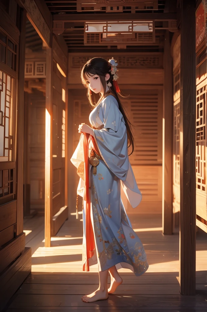 A beauty from the Tang Dynasty,barefoot,Standing in a small pavilion,