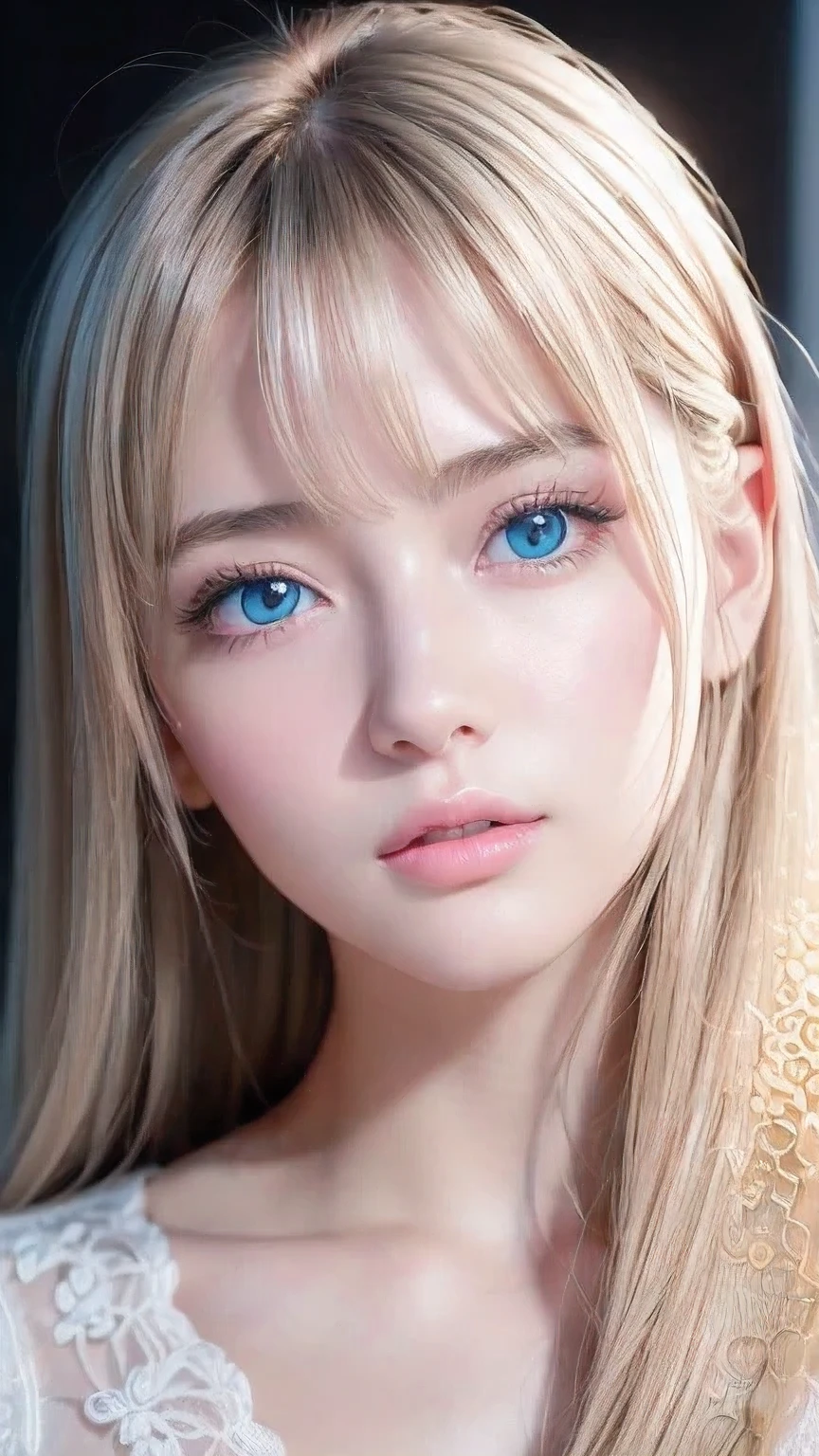 Dressed、(Photorealistic:1.4)、(ハイパーRealistic:1.4)、(Realistic:1.3)、(Smooth lighting:1.05)、(Improved cinematic lighting quality:0.9)、32k、1 Girl、Very cute expression、A beautiful  blonde girl、Bangs over the eyeessy bangs between the eyes、Realistic top lighting、Backlight、Face Light、Super long silky platinum hair、Blonde rays、(Bright light:1.2)、(quality improvement:1.4)、(Highest quality realistic textured skin:1.4)、Very beautiful, detailed, shiny, very bright, mint blue, large eyes、Very big eyes、Detailed face、A careful eye for quality、(Tired, sleepy and satisfied: 0.0)、Face close up、T-Shirts、(Enhances the body line:1.1)、(Enhances the beauty of skin texture:1.1)、Cheek gloss highlighter