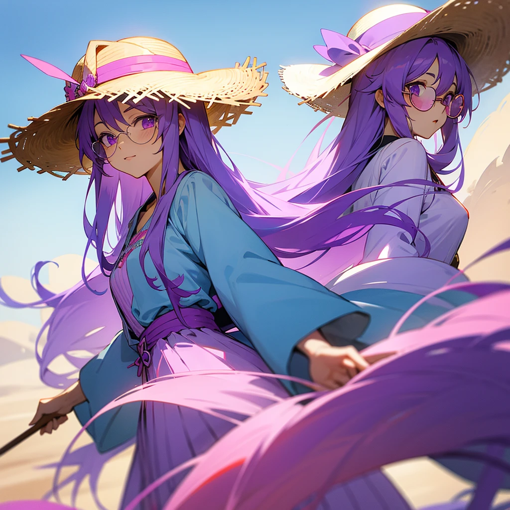 Long purple hair, purple eyes, light blue clothes, straw hat, pink glasses