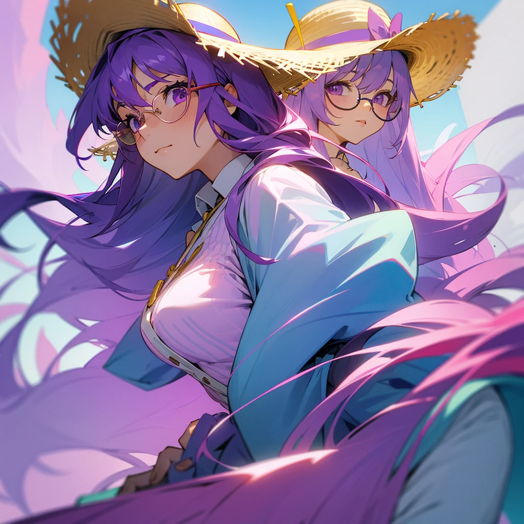 Long purple hair, purple eyes, light blue clothes, straw hat, pink glasses