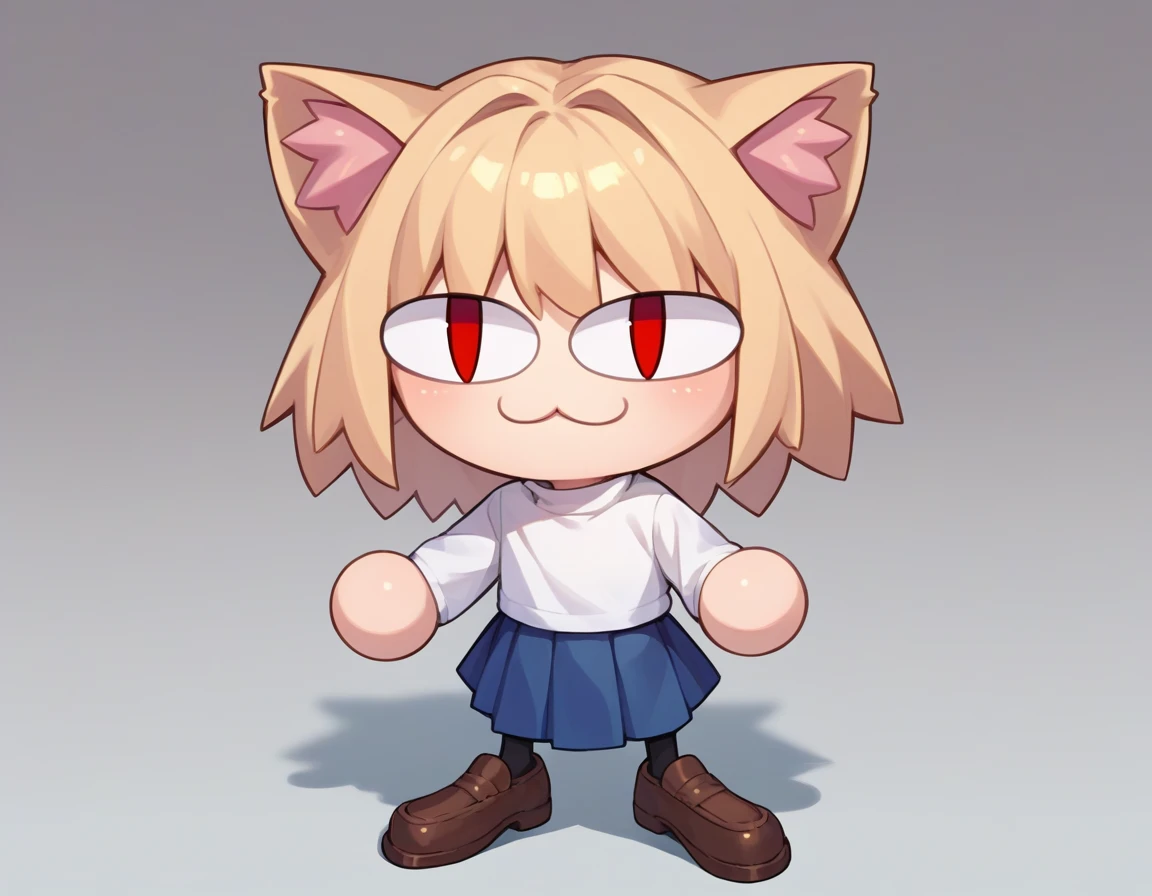 score_9, score_8_up, score_7_up, score_6_up, score_5_up, score_4_up, BREAK, 1boy, solo, necoarc, lit pupils, cat ears, blonde hair, red eyes, chibi, :3, turtleneck, blue skirt, pleated skirt, pantyhose, brown footwear