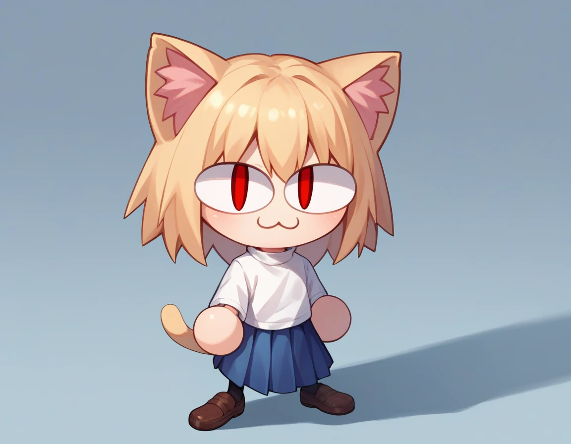 score_9, score_8_up, score_7_up, score_6_up, score_5_up, score_4_up, BREAK, 1boy, solo, necoarc, lit pupils, cat ears, blonde hair, red eyes, chibi, :3, turtleneck, blue skirt, pleated skirt, pantyhose, brown footwear
