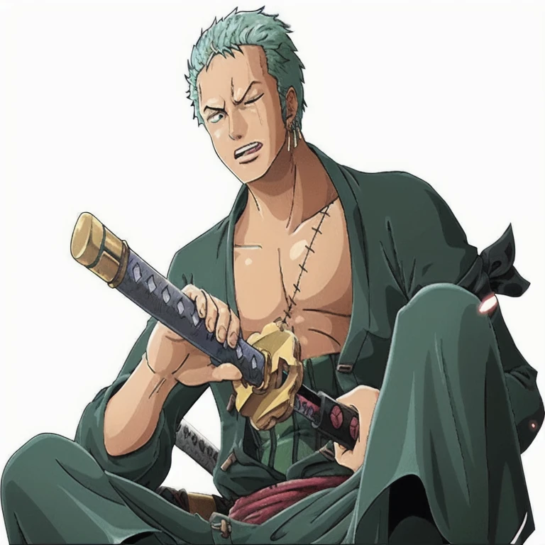 japanese guy with short green hair sitting with a katana in his hand, has stitch on his left chest. one eye is closed and has a cut