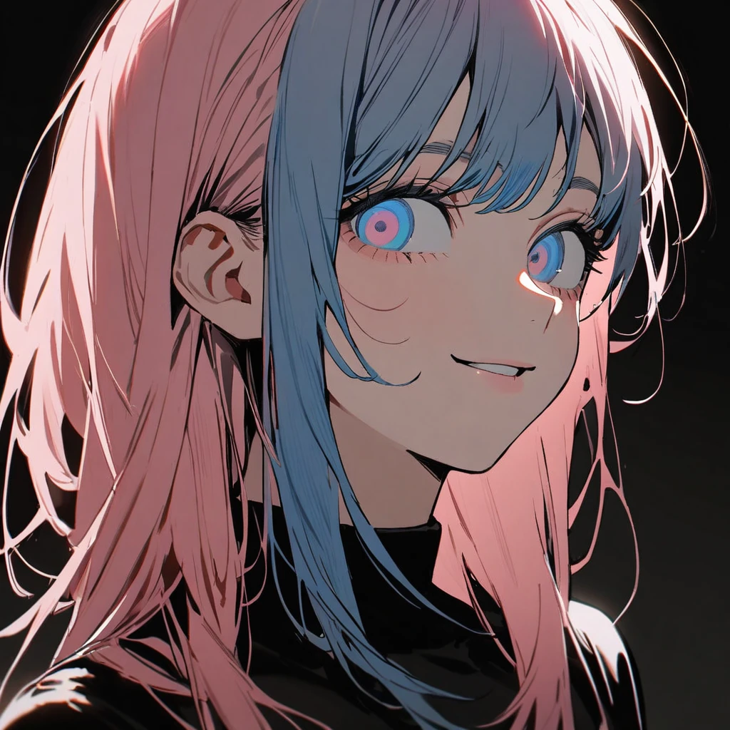 1 girl in chainsaw man style, light pink hair, long hair,blue hair tips, light blue eyes (detailded),black bodycon blouse, smiling at the viewer(dentes pontudos),face tilted upward, staring overhead, spectator at the top,black backdrop