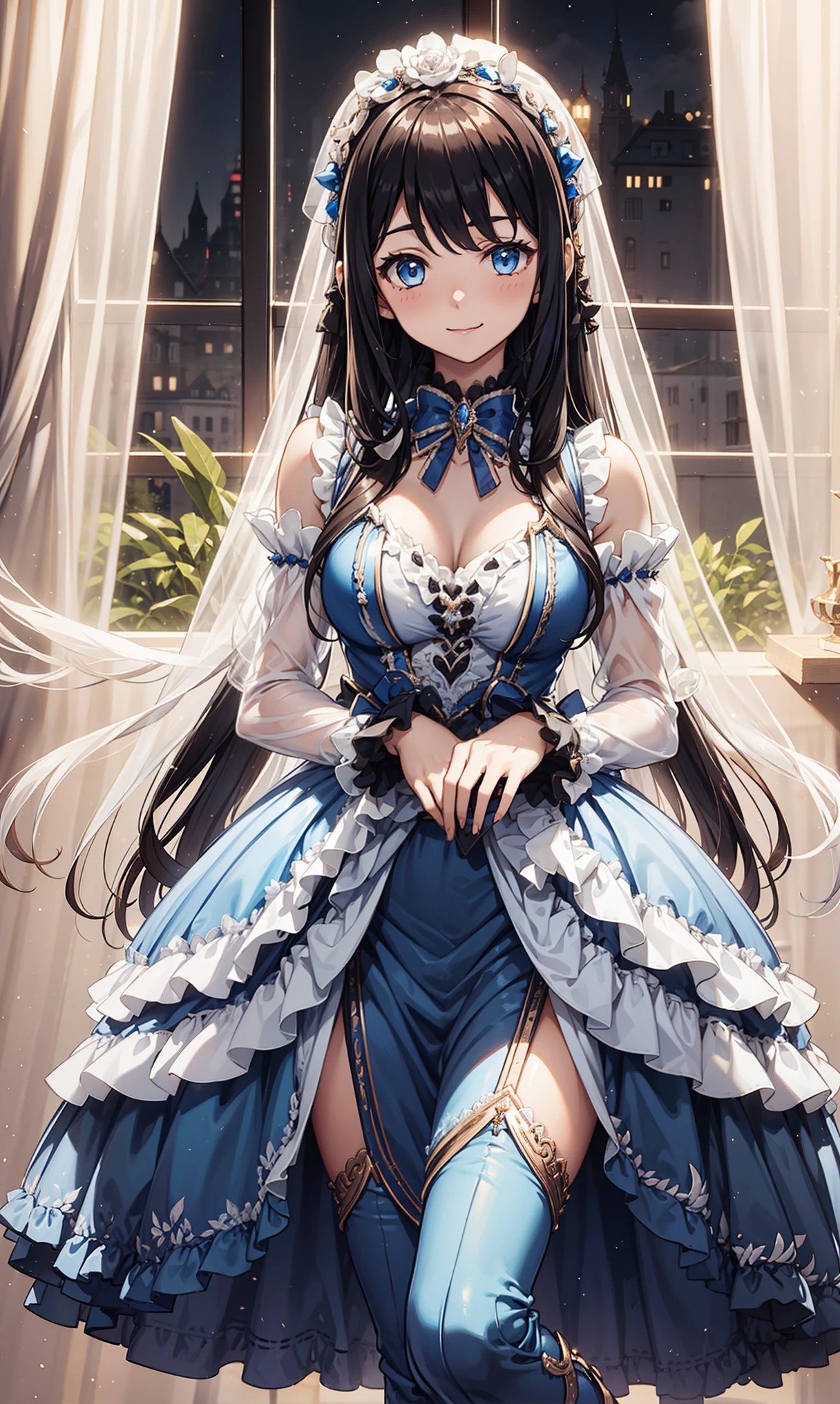 teens girl，Enchanted，having fun，Being in love，Lolita long skirt)，silber hair，eBlue eyes，see-through transparent clothes，Delicate hair accessories，Transparent lace，Sky blue pattern，the night，exquisite costumes，Bedrooms，solo person，the night，Carved suspender boots，Delicate beautiful face
