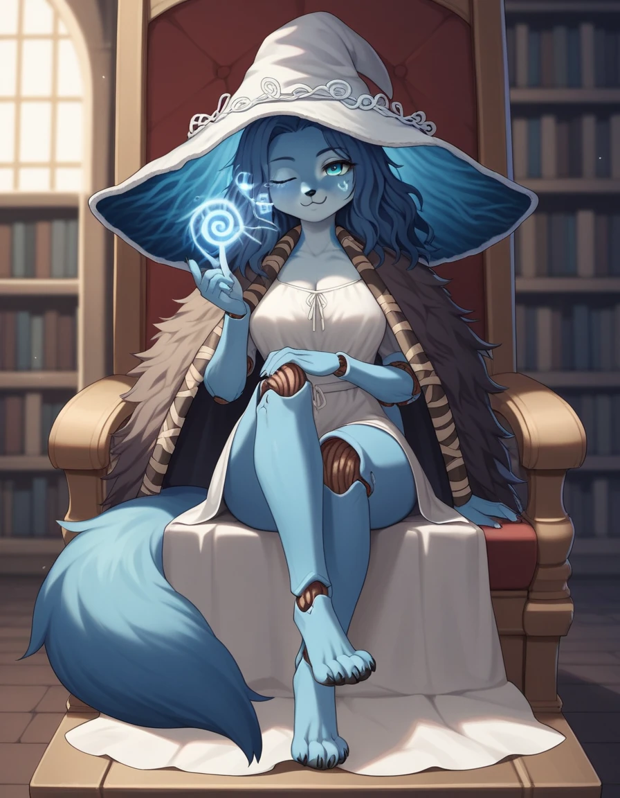 Score_9, score_8_up, score_7_up, , 1girl, solo, kemono style, ranni the witch from Elden Ring, one eye closed, (she’s an Anthro furry blue fox girl, fox snout, all blue fox, four arms):1.4, black nose, wavy hair, cracked skin, all blue blue furry body, extra arms, four arms, doll joints, naked:1.3, standing, covering her breasts, fingering her pussy, 