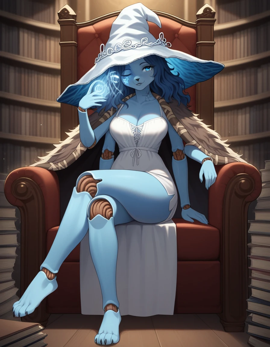 Score_9, score_8_up, score_7_up, , 1girl, solo, kemono style, ranni the witch from Elden Ring, one eye closed, magic symbol on closed eye, (she’s an Anthro furry blue fox girl, fox snout):1.4, black nose, wavy hair, cracked skin, colored skin, blue furry body, feet paws, 4 toes, extra arms, four arms, doll joints, dress, hat, cloak, sitting on a fancy throne, in a library, legs crossed, front view, seductive pose