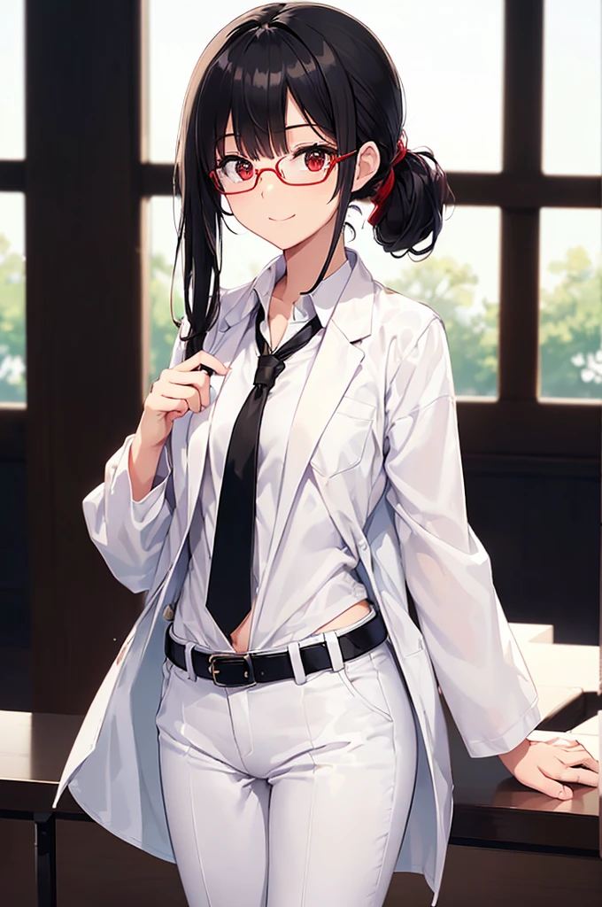 (masterpiece; best quality: 1.2), (finely detailed eyes: 1.3), ((25 year old woman)), ((solo)), (red eyes: 1.4), (body; gorgeous, lithe, femenine: 1.3), (black hair in low-ponytail: 1.3), (beautiful and clear background: 1.2), ((depth of field)), (equipment: white unbuttoned labcoat + black shirt + white tie + white pants + black belt + black square glasses: 1.3), (anime illustration: 1.2), (background composition; japanese highschool classroom + furniture: 1.1), (extremely fine and beautiful: 1.1), (shot composition; standing + centered on torso + close-up: 1.5), (expression; calm, small smile: 1.2)