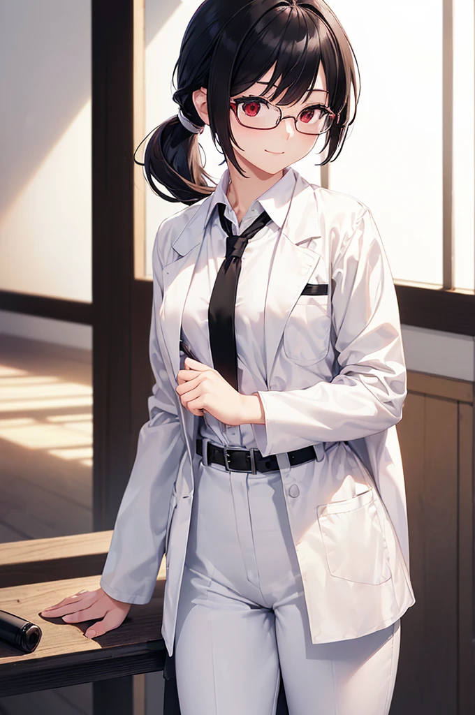 (masterpiece; best quality: 1.2), (finely detailed eyes: 1.3), ((25 year old woman)), ((solo)), (red eyes: 1.4), (body; gorgeous, lithe, femenine: 1.3), (black hair in low-ponytail: 1.3), (beautiful and clear background: 1.2), ((depth of field)), (equipment: white unbuttoned labcoat + black shirt + white tie + white pants + black belt + black square glasses: 1.3), (anime illustration: 1.2), (background composition; japanese highschool classroom + furniture: 1.1), (extremely fine and beautiful: 1.1), (shot composition; standing + centered on torso + close-up: 1.5), (expression; calm, small smile: 1.2)