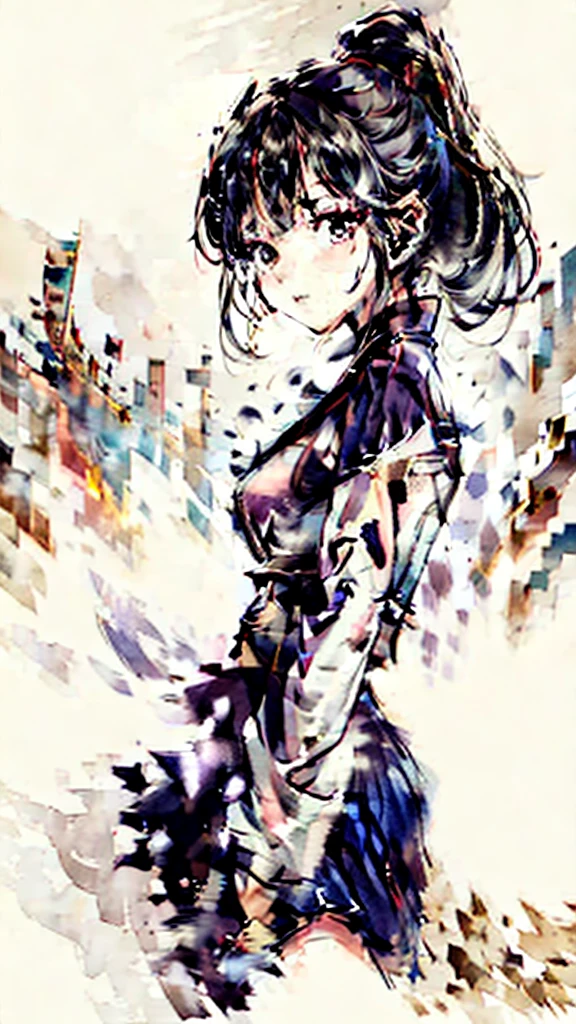 Highest quality, masterpiece, 1 girl,(Long silvery hair, Ponytail and side bangs, Slightly larger breasts),