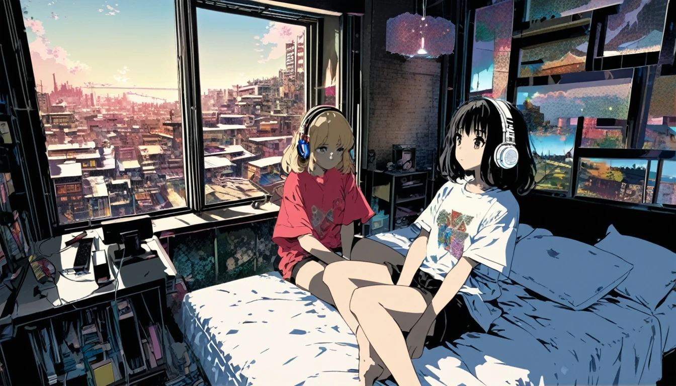 Super detailed:1.3, (Absurd, texture, masterpiece), pixiv Contest Winner, John Berkey, Dynamic cartoon style illustration,Oversized T-shirt、stand lighting、Colored pencil style、anime bedroom scene of 2 girls wearing headphones sitting on a bed playing a video game,Room with a window、High precision、detailed、８K,Dark aesthetic,Euphoric,Black shorts,Beautiful woman,Old alley background, Dozing off,Crayon colored Zentangle,overview,Anime key visual,japanese style,kyoto background