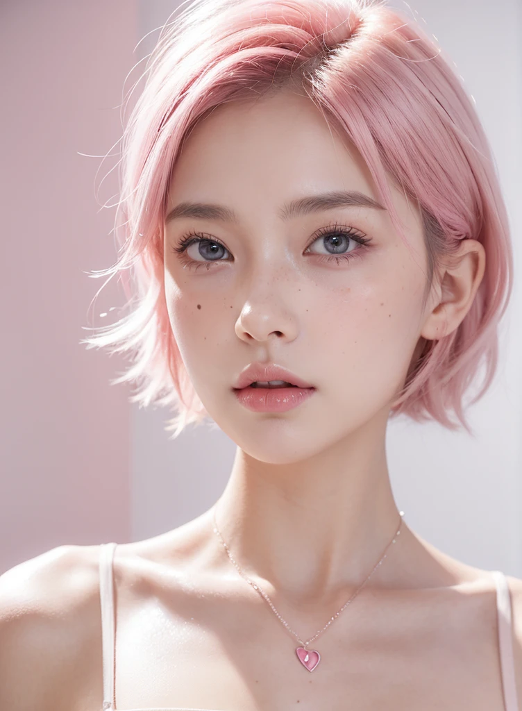 Cute girl short pink hair,  all her hair short pink , with a star clip in her pink hair, light colored eyes, pretty eyes, crying eyes, pretty, upturned nose, watery nose, Pretty lips, pink lips, heart and cupid shaped lip, pretty skin, pale, White skin, with moles and freckles all over his face, soft pink blush on the cheeks, natural pink blush, soft pink makeup, Jennie, nice neck, marked collar, frown, tender look, with a kiss necklace, while having a bare abdomen, Delgado, marked and pretty, (big breasts, soft breasts, nice breasts), wearing a Blue white t-shirt, panties , night look, city light, photorealism, 8k , photorealistic 