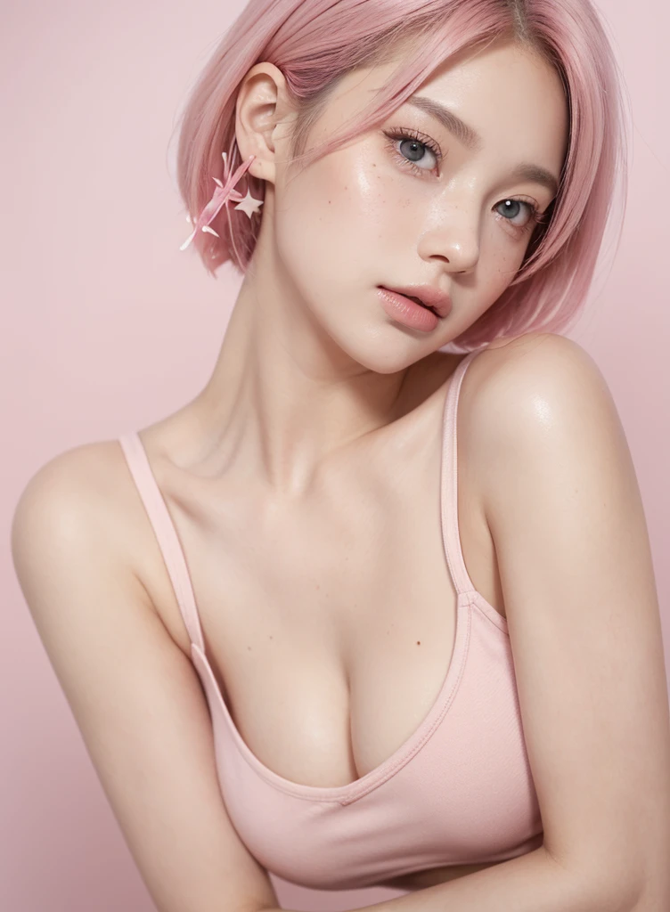 Cute girl short pink hair, all her hair short pink , with a star clip in her pink hair, light colored eyes, pretty eyes, crying eyes, pretty, upturned nose, watery nose, Pretty lips, pink lips, heart and cupid shaped lip, pretty skin, pale, White skin, with moles and freckles all over his face, soft pink blush on the cheeks, natural pink blush, soft pink makeup, Jennie, nice neck, marked collar, frown, tender look, with a kiss necklace, while having a bare abdomen, Delgado, marked and pretty, (big breasts, soft breasts, nice breasts), wearing a Blue white t-shirt, panties , night look, city light, photorealism, 8k , photorealistic