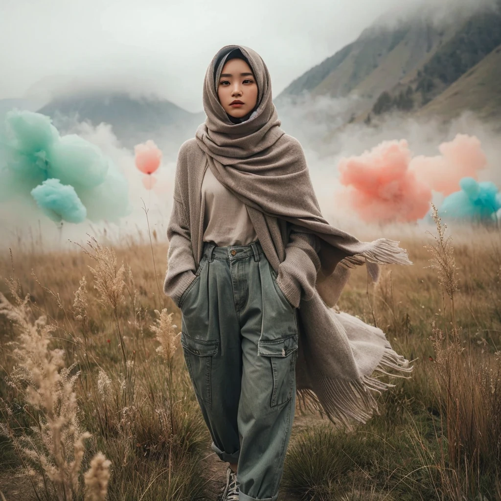 full body,cinematic portrait of a korean woman with hijab , casually dressed wearing a scart and shoes standing a in a grassy field with mountains in the background beautiful woman ,atmospheric portrait, standing a in a grassy field and weeds playing with bubble balloons and blowing in the wind ,behind you can see colorful smoke bombs/beautifull door, , foggy background looking to the side , focused gaze looking at the camera