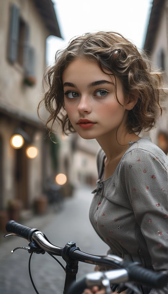 Surrealism:1.5, Bokeh, young woman aesthetic, bicycle riding, French village, High-quality DSLR snapshots, High-definition film grain photo taken at f/16, ISO 100, With 200mm lens, Global Illumination, Fibonacci