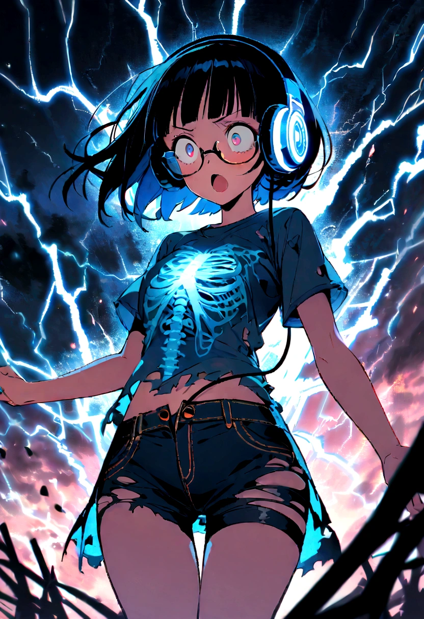 (extremely detailed fine touch:1.3), girl, solo, electric shock, wide-eyed, rolling eyes, open mouth, surprised expression, torn shirt, torn shorts, short sleeves, short hair, blunt bangs, (((under-rimmed glasses:1.3))), (headphones:1.3), double exposure bone body, skeleton body, Lightning storm in the background, night,