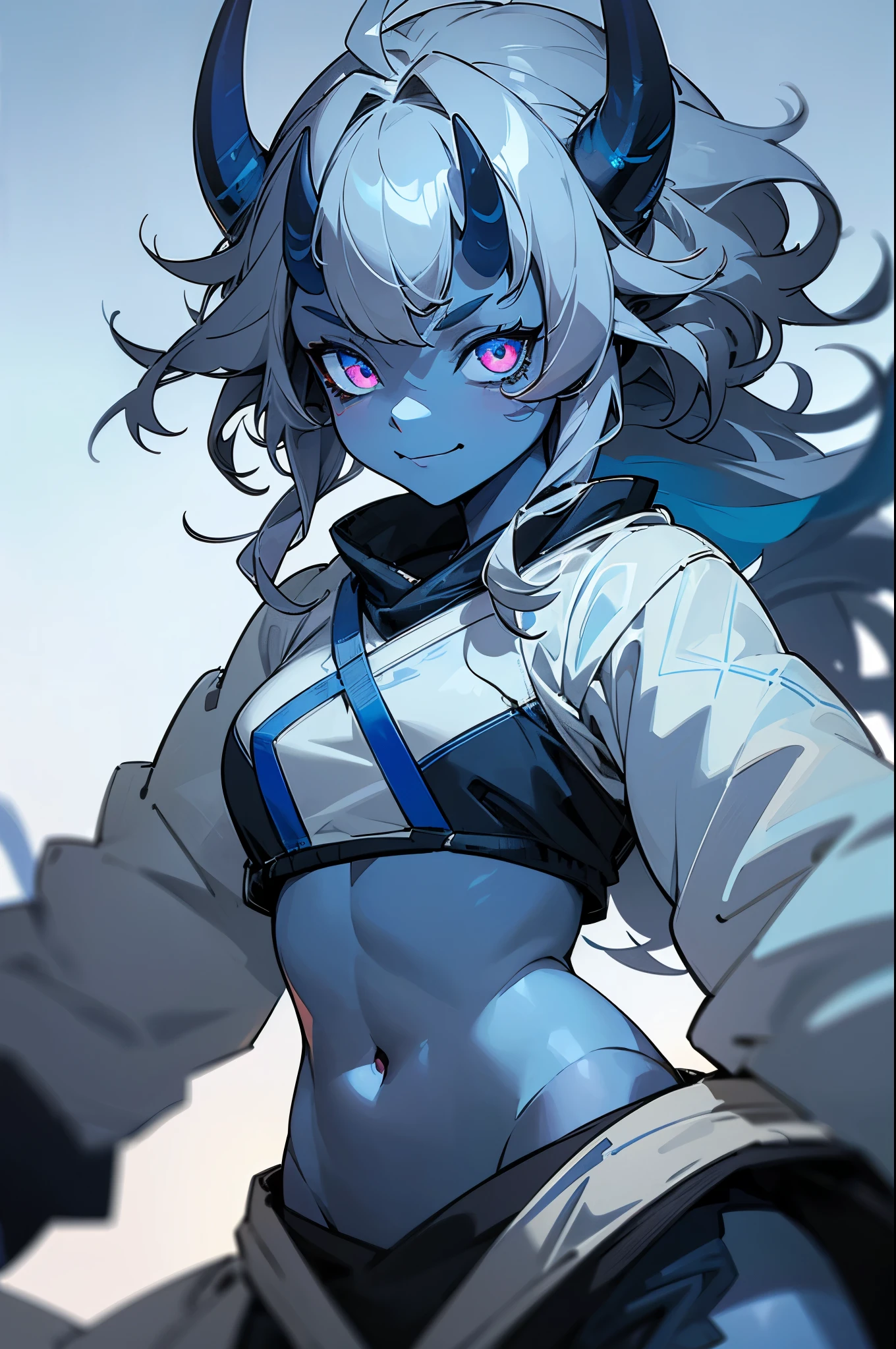 Masterpiece, best quality, high quality, ultra detailed, 1girl,smirk, glowing eyes, silver eyes, white and silver and grey hair and black hair, curly hair, (messy hairstyle),oni horns, crop top, jacket, (colored skin, (blue skin:1.3)), beautiful and ((petite)),
