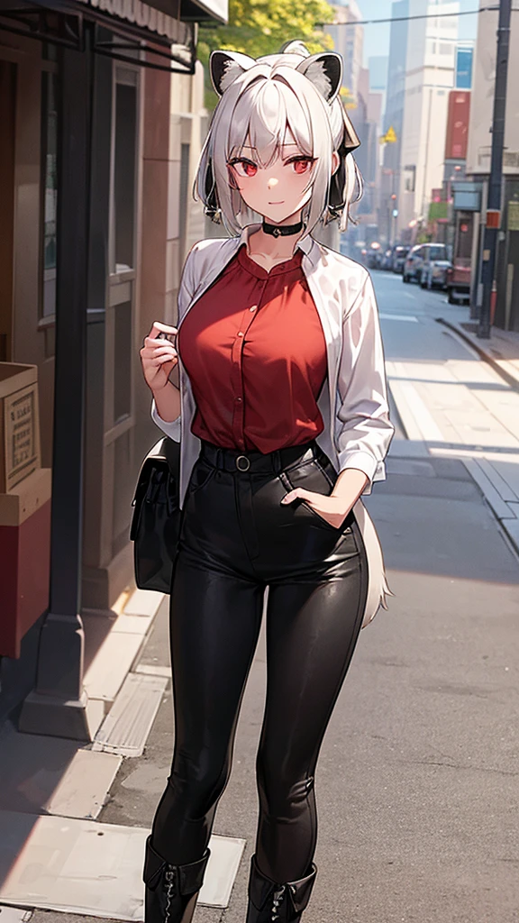 (work of art, best qualityer), 2d, 1 girl, medium sized breast, details Intricate, White hair, shorth hair, eyes black, gazing at viewer, Black raccoon ears, raccoon tail, trunk, hair ribbon, hand on own face, Red shirt, black pants, cowboy shot, black trim, Black boots, standing, ssmile, gazing at viewer, gaping mouth, ever forward, Old West town background, choker
