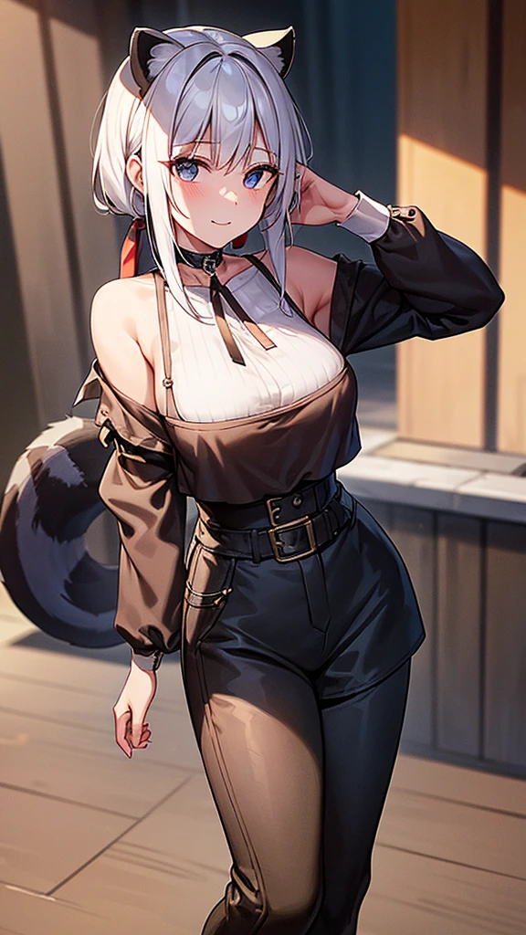 (work of art, best qualityer), 2d, 1 girl, medium sized breast, details Intricate, White hair, shorth hair, eyes black, gazing at viewer, Black raccoon ears, raccoon tail, trunk, hair ribbon, hand on own face, Red shirt, black pants, cowboy shot, black trim, Black boots, standing, ssmile, gazing at viewer, gaping mouth, ever forward, Old West town background, choker
