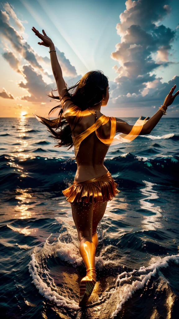 (Dancers on the Sea Surface:1.2), with graceful arms outstretched and twirling shiny_white_skirt, water dress, graces on the Golden_Sea Surface in a breathtaking ultravarium realism , full body panorama, the sunset, bathed in (hues_orange and hue_red)light , sun casts its warm_glow across the scene, reflecting off the shimmering ocean waves,. the dancer's form is intricately detailed, every curve and muscle visible in this high-definition, realistic rendering, detailed textured Splash on the Sea Surface beneath her feet seems to come alive as the sunlight dances upon it, while the sky above is alive with vivid hue_ultraviolet that add an ethereal quality to the scene, She (Dancing on the Sea Surface),8k 16k ,uhd,masterpiece, trending on artstation
