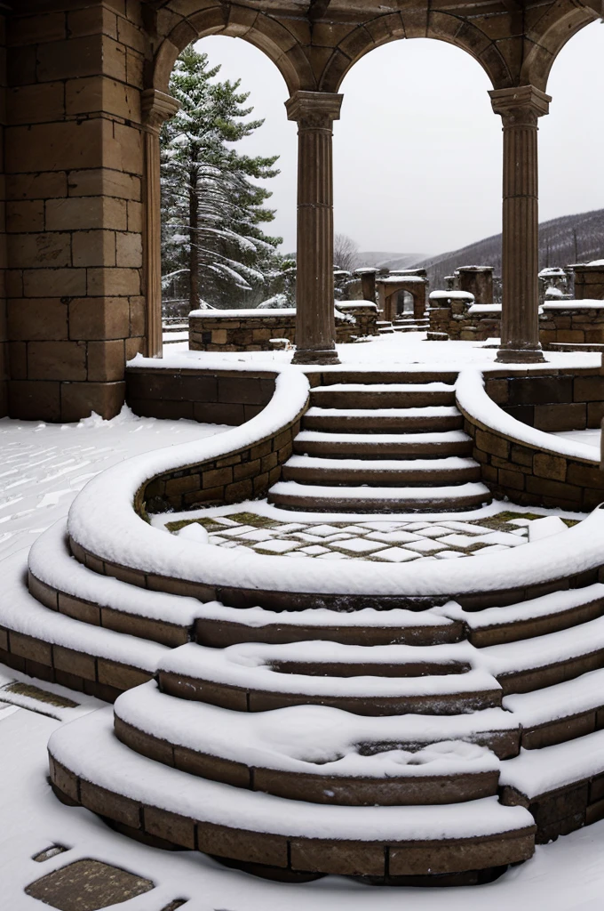 A snowy, abandoned circular platform with intricate designs, surrounded by weathered stone pillars. Stone steps lead to the platform, with scattered candles and minimal vegetation nearby. In the background, there are aged, partially destroyed stone walls and structures, with a small lit area on the right side.