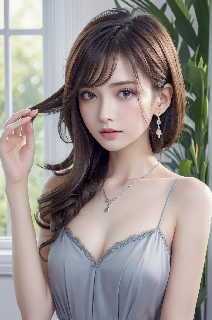 darkblue see-through chemise, (((Very elegant and beautiful, Perfect detail, Super detailed))), whole body, The most detailed girl, Depth of written boundary, 美しく詳細なwhole body, Thin legs, 1 girl, 30 years old, Very short hair, Spiked Hair, Gray and silver hair, Beautiful detailed hair, Perfect Face, Expressionless, Beautifully detailed deep eyes, Open your mouth a little, Delicate arms and hands, Pale skin, Earrings, Beautiful and gorgeous necklace, Colorful background, HD background, Blurred Background, Very delicate and beautiful, Masterpiece, (((Highest quality, Very beautiful 8K CG wallpaper))), (((Trendy hairstyles))), (Inside the room,Stylish interior,window),