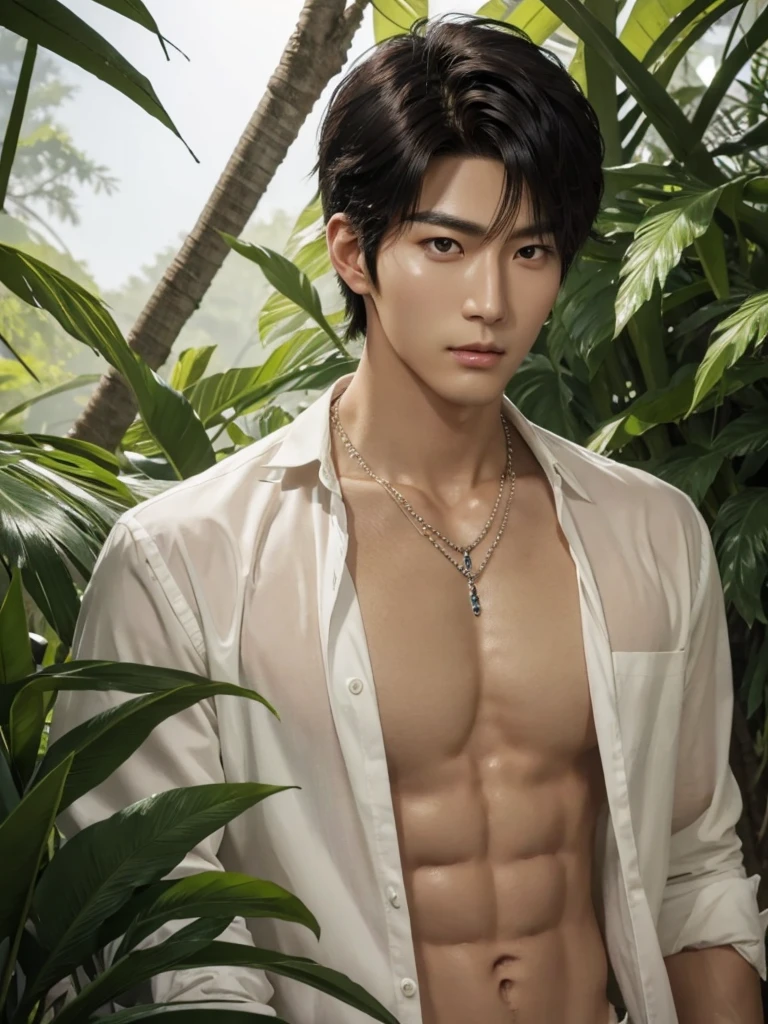 Handsome korean,tall and strong,perfect male figure, eyes looking at camera, ((tanned skin)),forest,feather hair accessories,black hair,serious expression,necklace,Ray tracing
