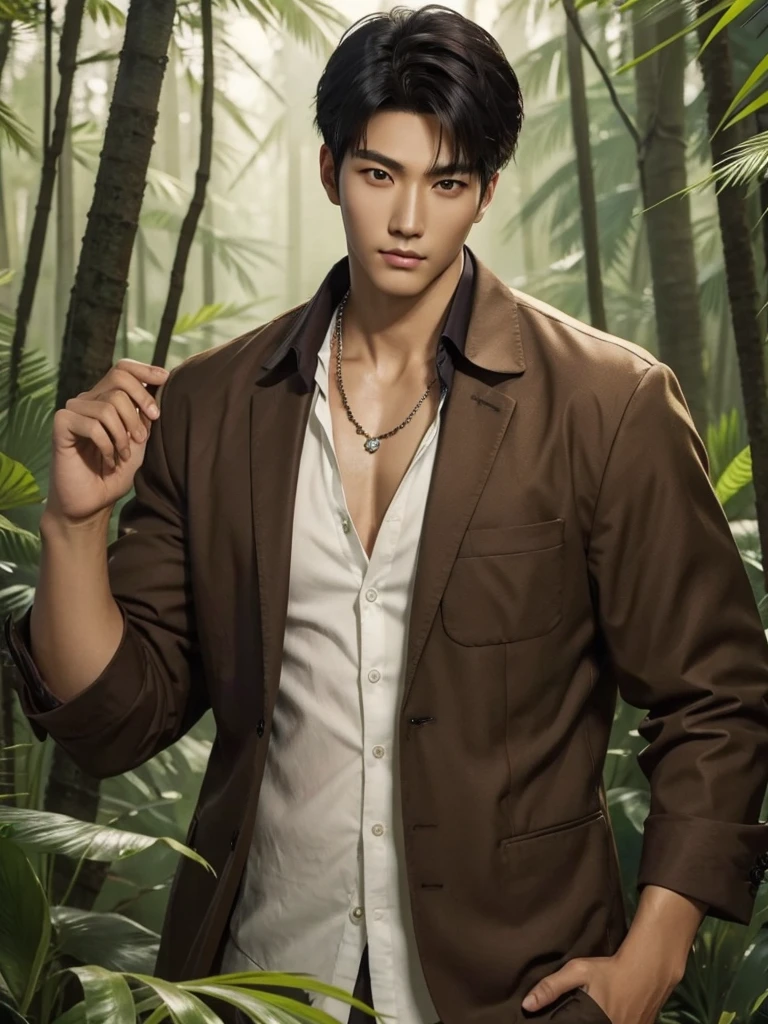 Handsome korean,tall and strong,perfect male figure, eyes looking at camera, ((tanned skin)),forest,feather hair accessories,black hair,serious expression,necklace,Ray tracing