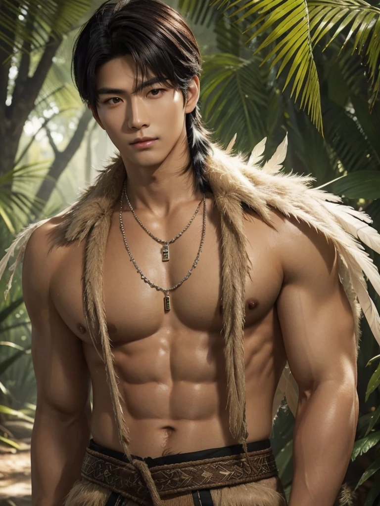 Handsome korean,tall and strong,perfect male figure, eyes looking at camera, ((tanned skin)),forest,feather hair accessories,black hair,serious expression,necklace,Ray tracing
