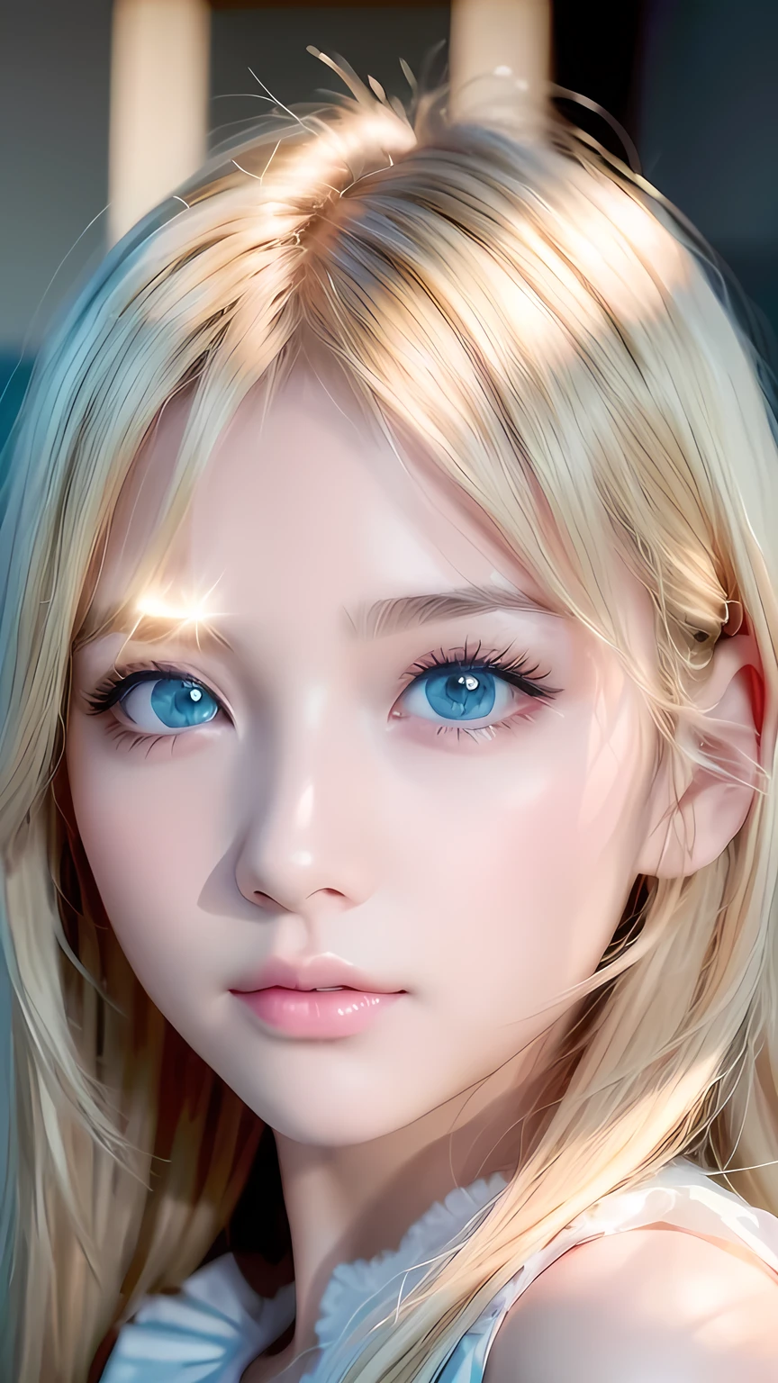 Dressed、(Photorealistic:1.4)、(ハイパーRealistic:1.4)、(Realistic:1.3)、(Smooth lighting:1.05)、(Improved cinematic lighting quality:0.9)、32k、1 Girl、Very cute expression、A beautiful 16 year old blonde girl、bangs that fall on the face、Bangs over the eyeessy bangs between the eyes、Realistic top lighting、Backlight、Face Light、Super long silky platinum hair、Blonde rays、(Bright light:1.2)、(quality improvement:1.4)、(Highest quality realistic textured skin:1.4)、Very beautiful, detailed, shiny, very bright, mint blue, large eyes、Very big eyes、Detailed face、A careful eye for quality、(Tired, sleepy and satisfied: 0.0)、Face close up、T-Shirts、(Enhances the body line:1.1)、(Enhances the beauty of skin texture:1.1)、Cheek gloss highlighter