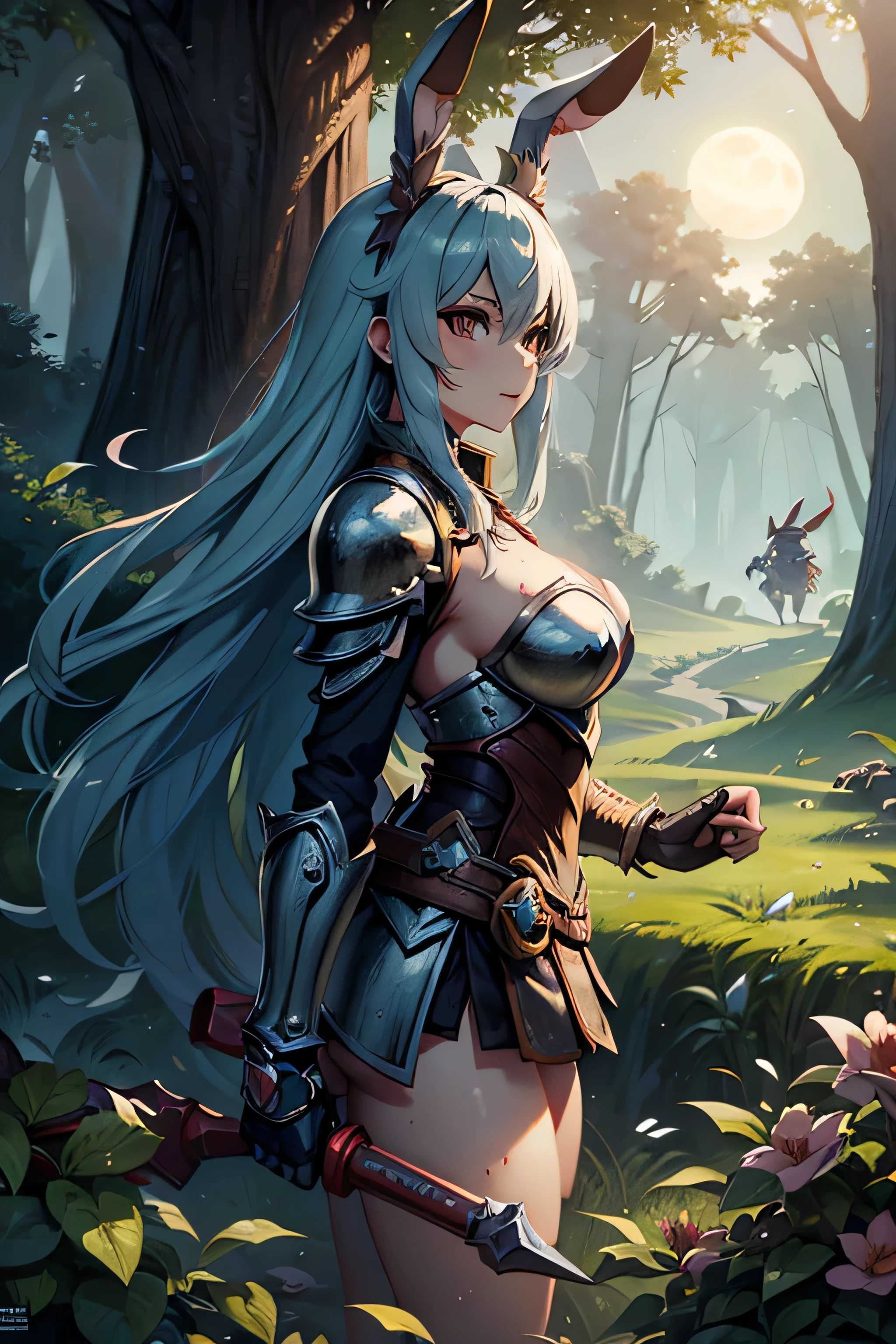 warrior bunny, sexy, armor, giant legendary hammer, beautiful forest, Moonlight