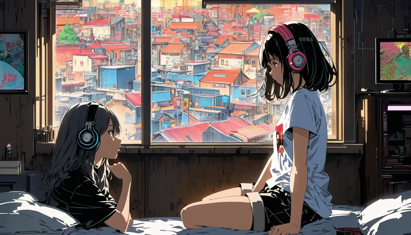 Super detailed:1.3, (Absurd, texture, masterpiece), pixiv Contest Winner, John Berkey, Dynamic cartoon style illustration,Oversized T-shirt、stand lighting、Colored pencil style、anime bedroom scene of 2 girls wearing headphones sitting on a bed playing a video game,Room with a window、High precision、detailed、8K,Dark aesthetic,Euphoric,Black shorts,Beautiful woman,Old alley background, Dozing off,Crayon colored Zentangle,overview,Anime key visual,japanese style,kyoto background