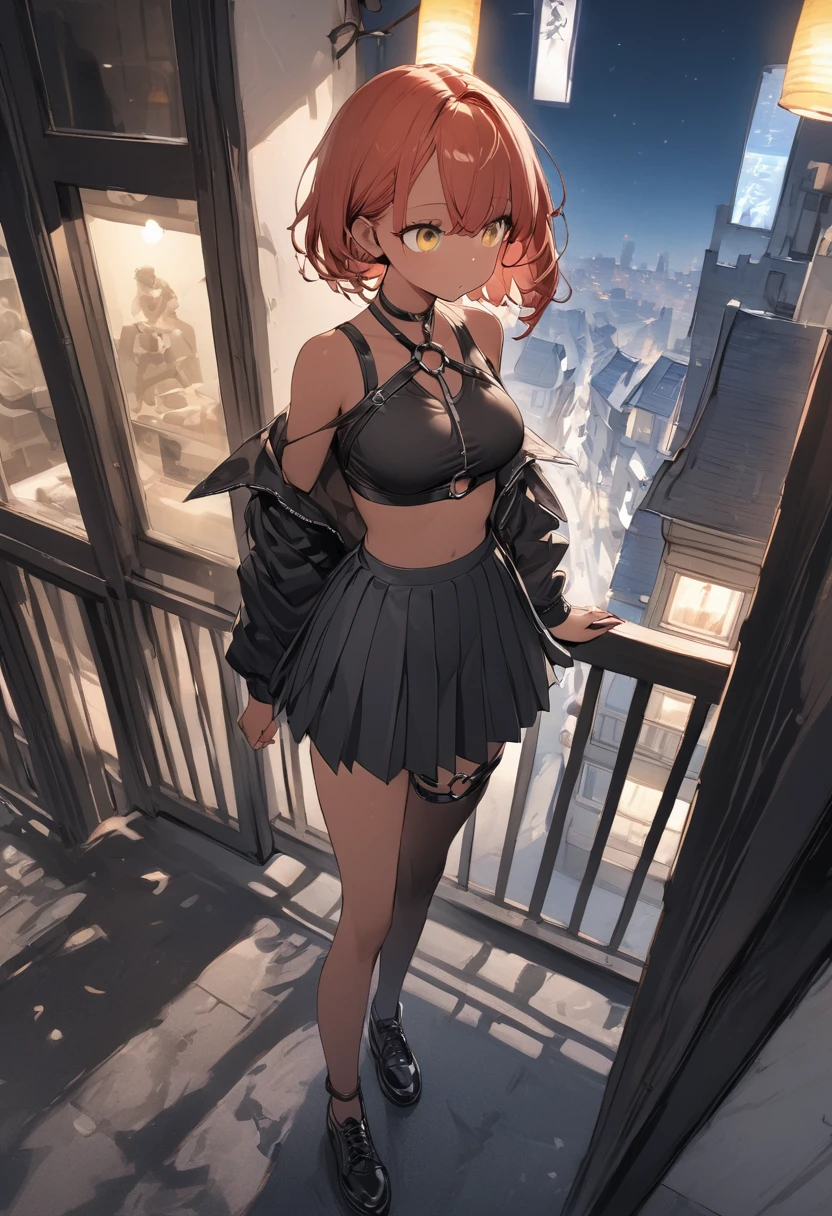 table top, highest quality,figure, wallpaper, Super detailed, absurd, 1 girl, alone, ( short red hair, tan skin, yellow eyes), detailed and beautiful eyes , (street:1.3), hair blowing in the wind,(panoramic view:1.3),(sense of depth:1.5),(long shot:1.3) girl standing on balcony looking at the city at night, wearing open sexy clothes, black skirt, Black stockings, long sleeves, chest harness, black shirt, crop top, skirt, Shoes, O-Ring, midriff, off shoulder, medium breasts, thigh strap, pleated skirt (skirt blowing in the wind) looking up at the sky, ignoring camera (3/4 view)