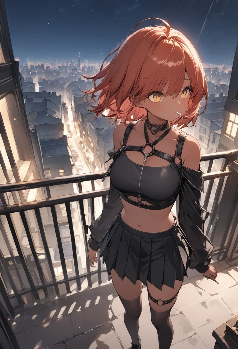 table top, highest quality,figure, wallpaper, Super detailed, absurd, 1 girl, alone, ( short red hair, tan skin, yellow eyes), detailed and beautiful eyes , (street:1.3), hair blowing in the wind,(panoramic view:1.3),(sense of depth:1.5),(long shot:1.3) girl standing on balcony looking at the city at night, wearing open sexy clothes, black skirt, Black stockings, long sleeves, chest harness, black shirt, crop top, skirt, Shoes, O-Ring, midriff, off shoulder, medium breasts, thigh strap, pleated skirt (skirt blowing in the wind) looking up at the sky, ignoring camera (3/4 view)