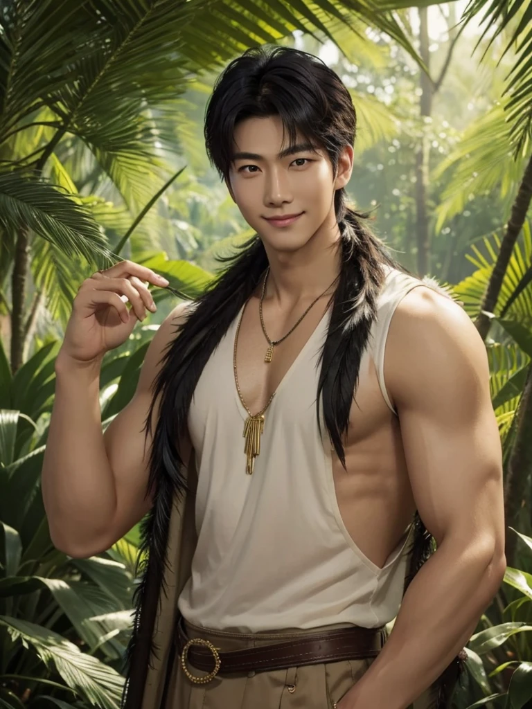 Handsome korean，tall and strong,perfect male figure, eyes looking at camera, ((tanned skin)),forest，feather hair accessories，black hair,serious expression,necklace,Ray tracing, smiling 