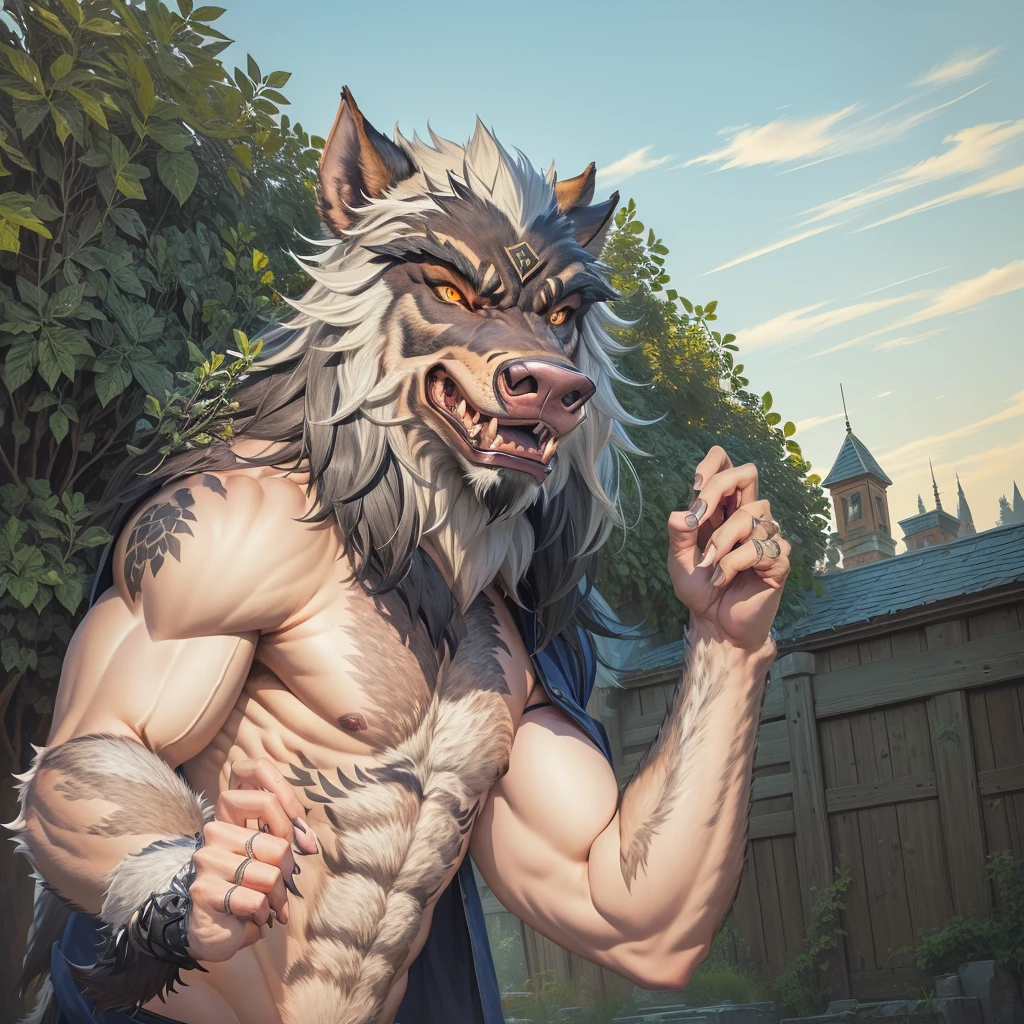 Man wearing a boar mask, muscular Werewolf, angry high moral sexy Werewolf, transforming into Werewolf, Werewolf ma, Anthropomorphic boar, Werewolf, gnoll, Anthropomorphic boarの顔, Anthropomorphic boar, man with boar's head