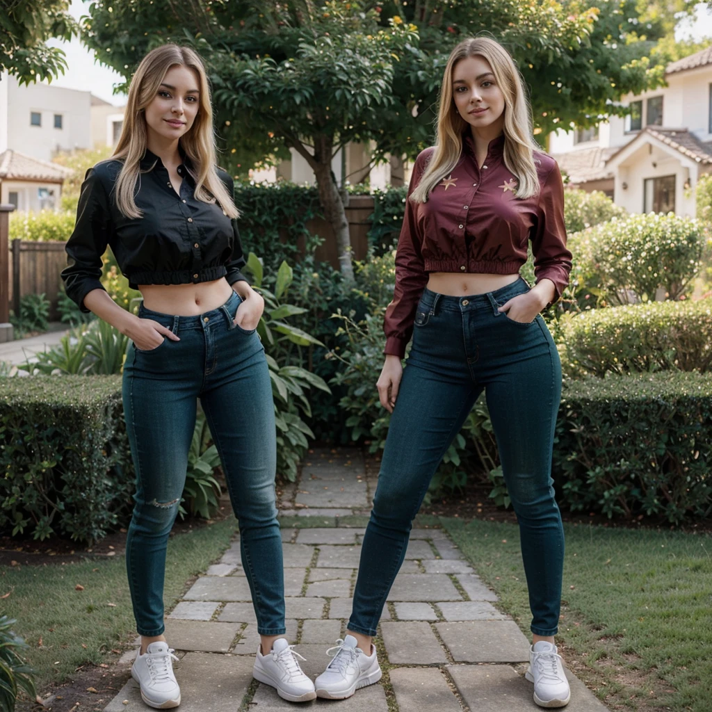 blonde girl, big beautiful green eyes, thin about 45 kilos, 150 centimeters tall, perfect waist, beautiful and perfect smile, beautiful and perfect appearance, real life, hyper real, high quality details, extremely real, real photo, extremely image careful, great quality of details with great and beautiful luminosity, 8k. dressed in tight black jeans, red blouse, floral jacket and sneakers. posing sexy for Instagram in the garden of the house