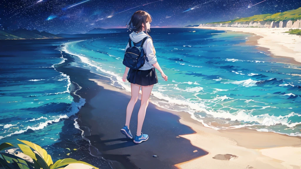 Starry Sky，shooting star，Ocean，Sandy Beach，The river flows into Ocean，Silhouette of a boy，My hands are down and I&#39;m not holding anything